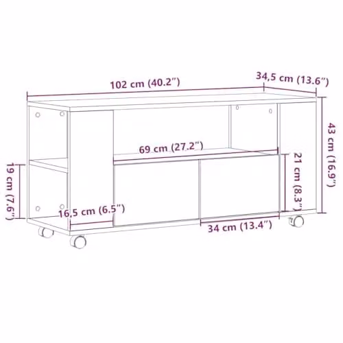 vidaXL TV Cabinet in Concrete Grey, W: 102 cm, D: 34.5 cm, H: 43 cm, Made of MDF