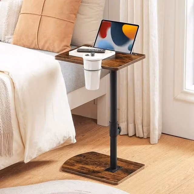 FORGEVIO C Shaped Side Table with Height Adjustable and Rotating Top in Brown – 1