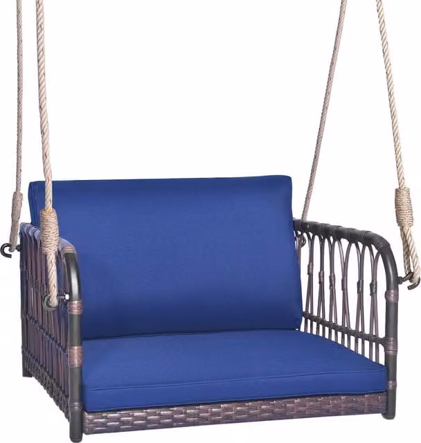 Costway Blue Polyrattan Outdoor Single Person Hanging Swing Chair with Cushions