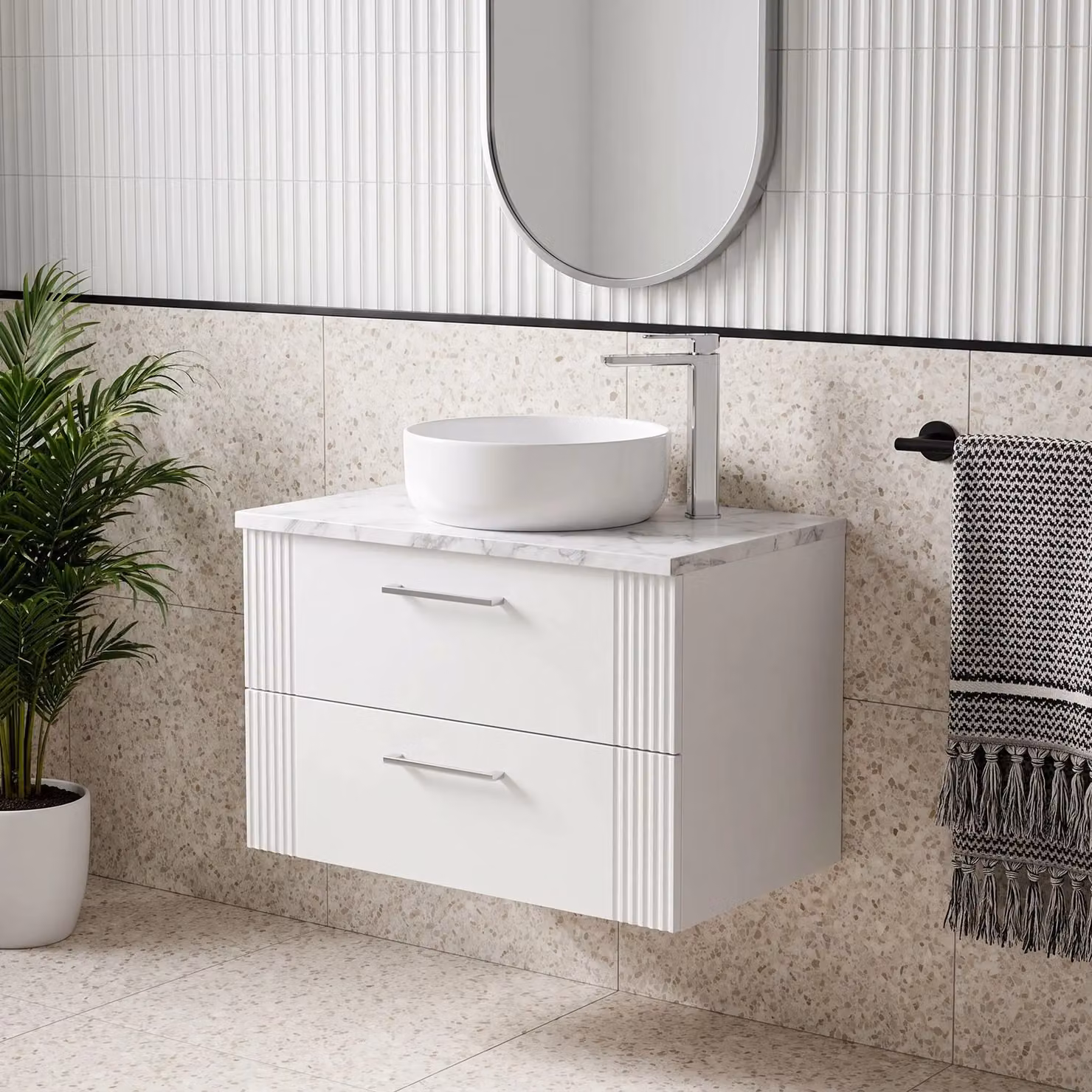 Balterley 2 Drawer Wall Hung Vanity Unit with Marble Laminate Worktop, White, Width: 80 cm – 2