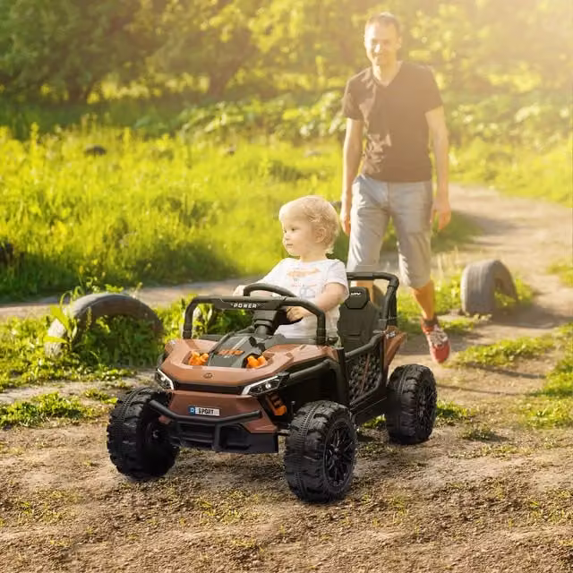 AIYAPLAY 12V Kids Electric Ride on Car Truck with Suspension and Light and Sound Effects, Brown