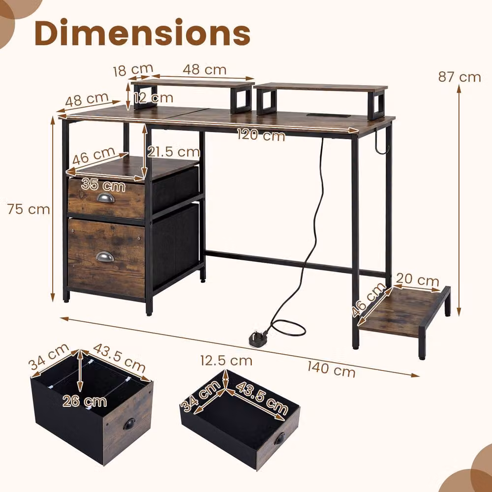 Gymax Industrial Writing Desk with Power Outlets and 2 Monitor Shelves in Brown – 2