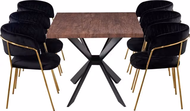 Life Interiors Atarah Duke LUX Modern Dining Set with Rectangular Table and 6 Black and Gold Chairs