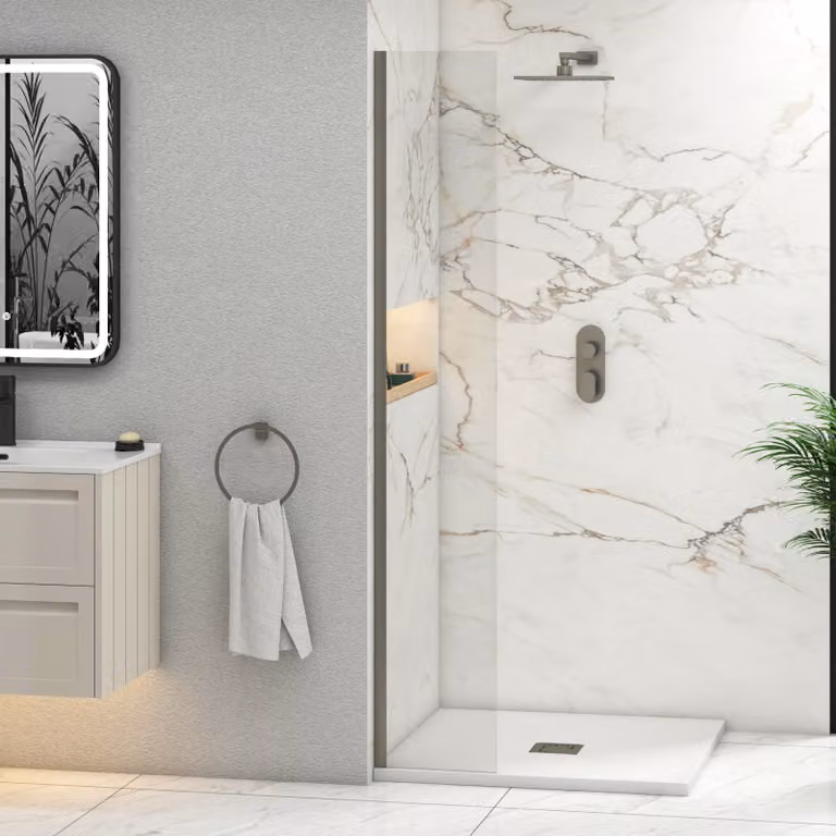 Royal Bathrooms Marbella Walk In Wet Room Shower Screen, Gun Metal Grey, W: 30 cm, H: 185 cm, Glass Thickness: 8 mm