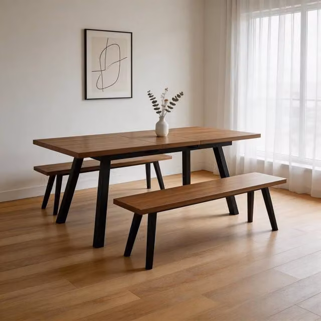 FURNITURE ONE Brown Extendable Rectangular Dining Set with 2 Benches and 3 Piece Kitchen Dining Set