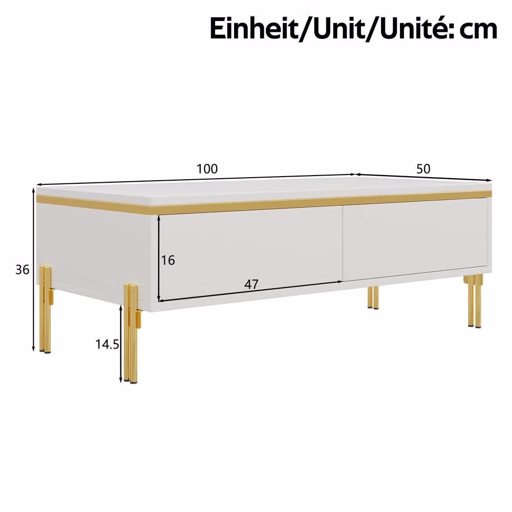STILVORA Modern White Glossy Rectangular Coffee Table with Drawers and Metal Legs – 2