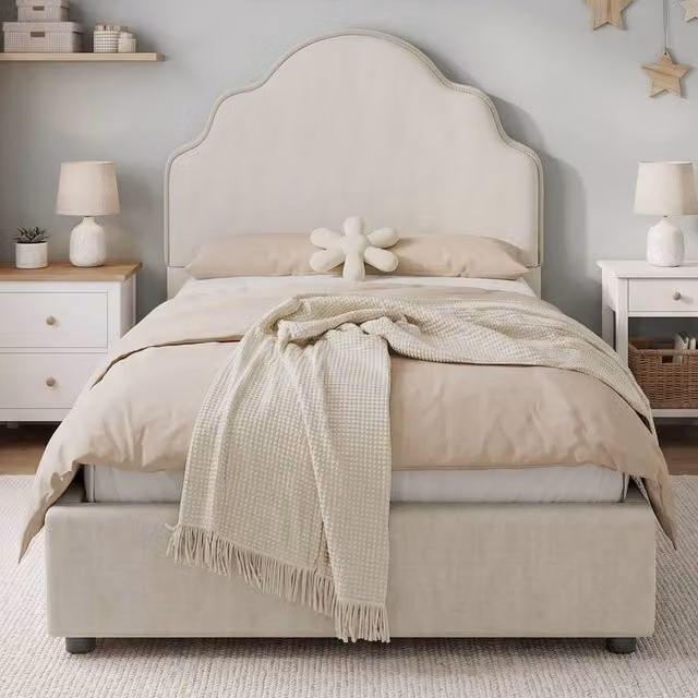 Merax Scalloped Upholstered Ottoman Bed Frame, Beige, W/D/H: 90 x 190 cm – 1
