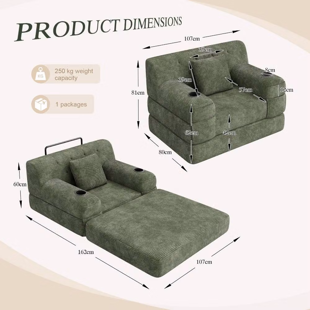Rolipo Green Corduroy 1-Seater Sleeper Sofa with Cup Holders and Pockets – 2