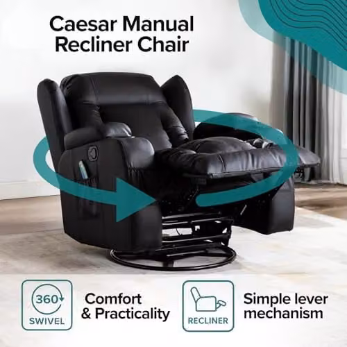 More4Homes Caesar 10-in-1 Manual Recliner Armchair with Heat and Massage, Black Bonded Leather – 9