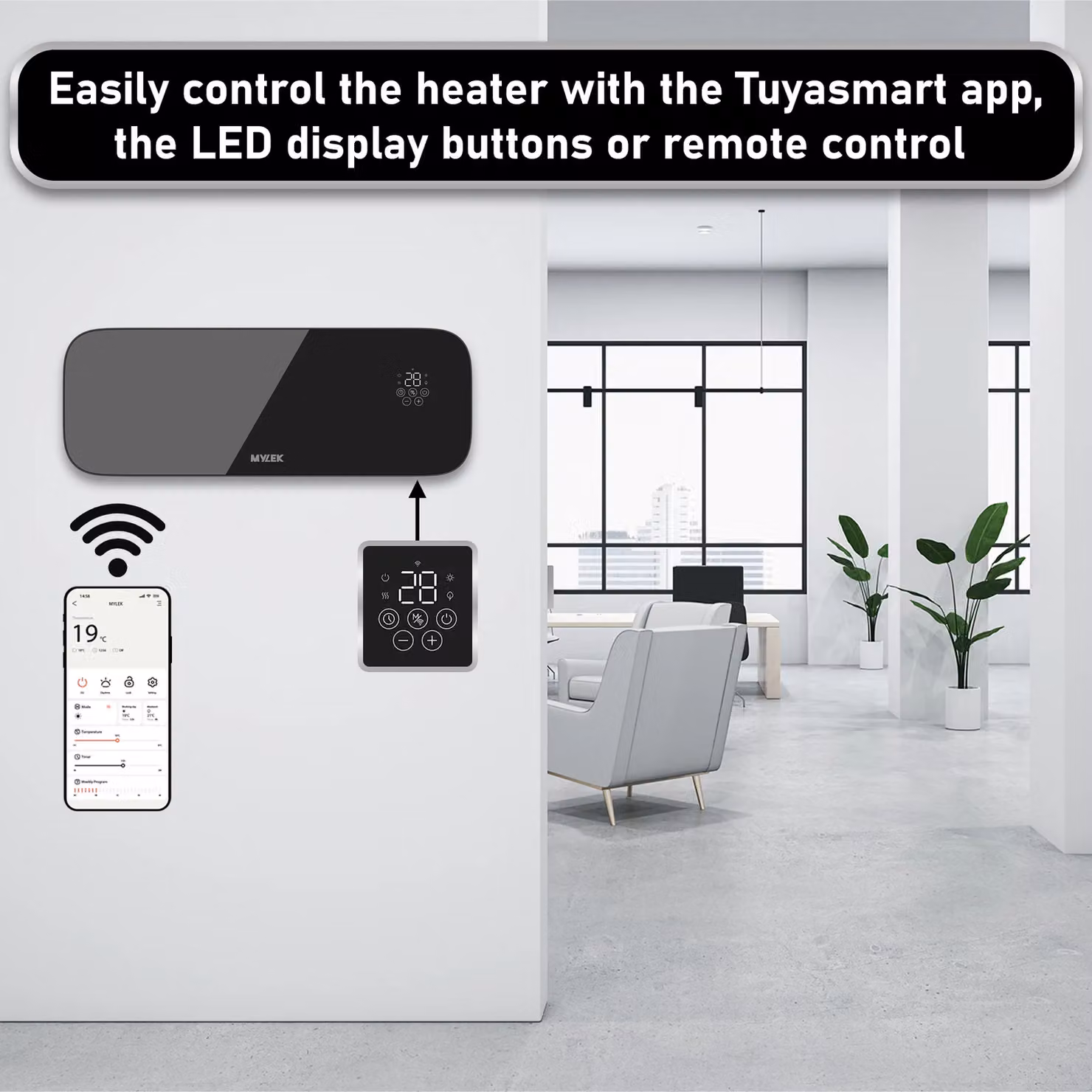 MYLEK Glass Overdoor Air Curtain Heater Fan, 2kW Ceramic PTC with Wifi App Control and Timer, Black – 3