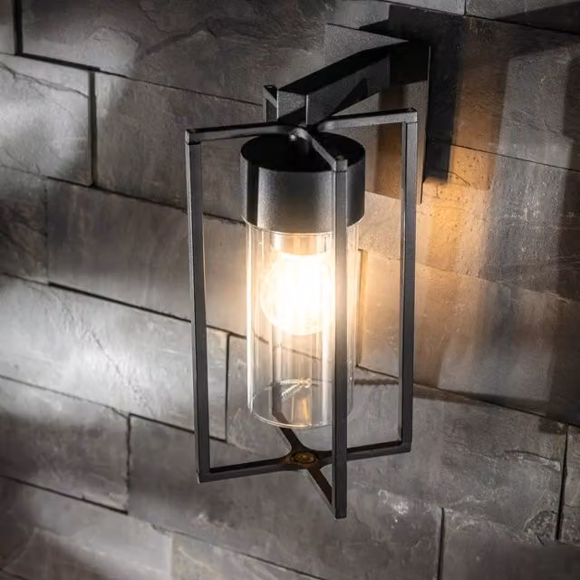 CGC Interiors Charlie E27 Outdoor Wall Light Lantern in Black with Transparent Glass Diffuser, IP54 Rated