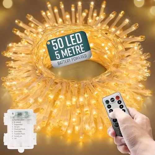 Globrite 50 LED Battery Operated Warm White Christmas Fairy String Lights with Remote Control and Timer