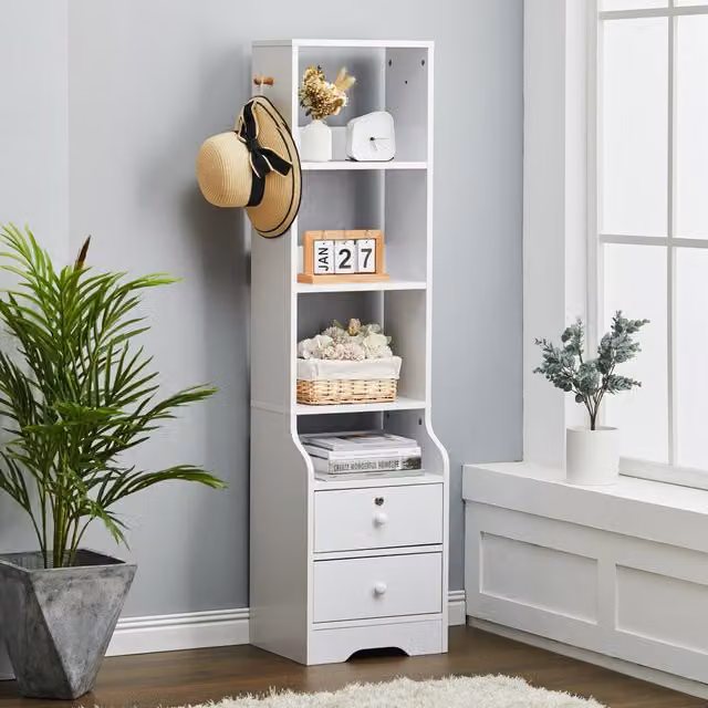 Livingandhome Narrow Bedside Table with Compartments and Drawers, White, W/D/H: 37 x 37 x 142 cm