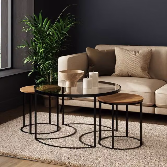 GFW Femi Nesting Tables in Light Oak with Black Glass Tops and Sled Base