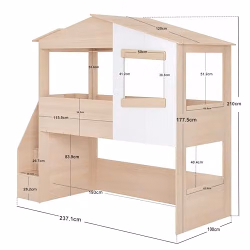 Flair Furnishings Dreamland House Single Midsleeper Bed in Oak and White with Staircase and Side Compartments – 3