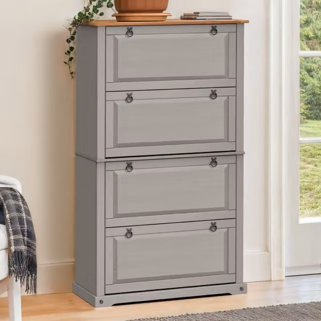 Mercers Furniture Corona 4-Shelf Wooden Shoe Rack Chest in Distressed Grey Wax, H 164 x W 99 x D 32 cm