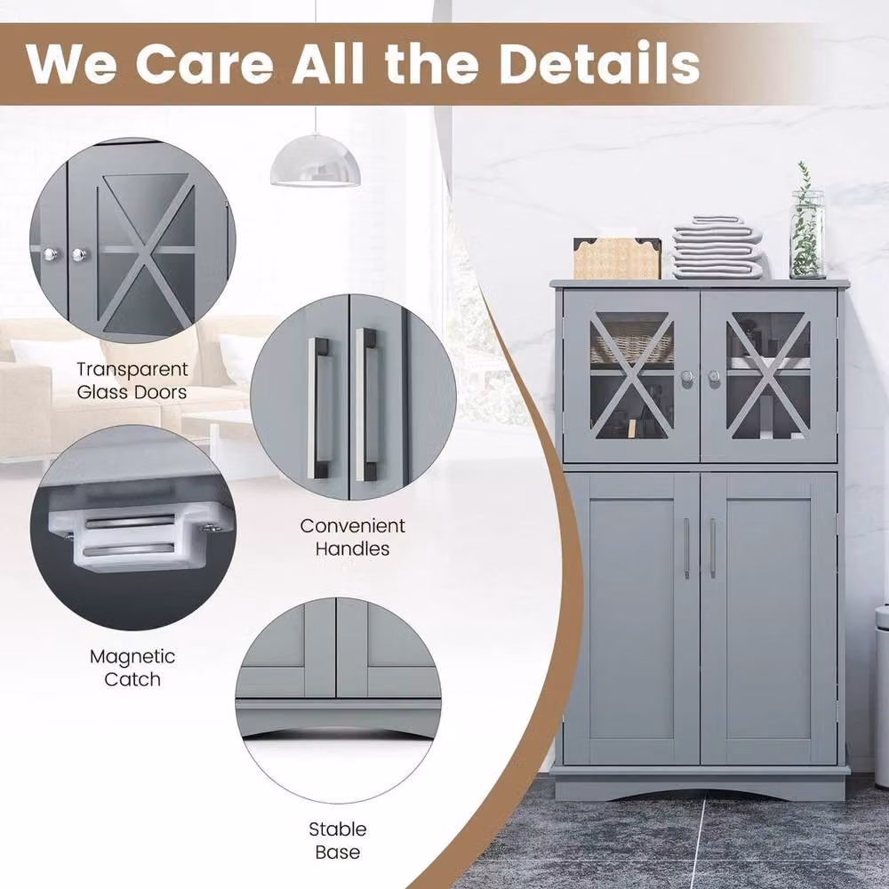 Kelvenix Grey Matt Freestanding Kitchen Floor Cabinet with Transparent Glass Doors – 2