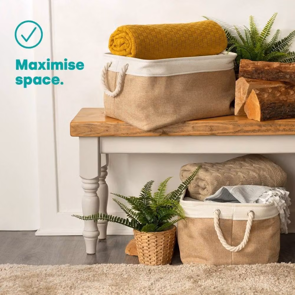 Hinsinc Set of 2 Large Fabric Storage Baskets with Handles in Beige and White, Foldable – 3