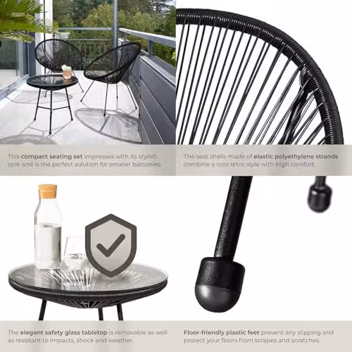 tectake Retro Garden Bistro Set with Oval Glass Table and 2 Chairs in Black – 5