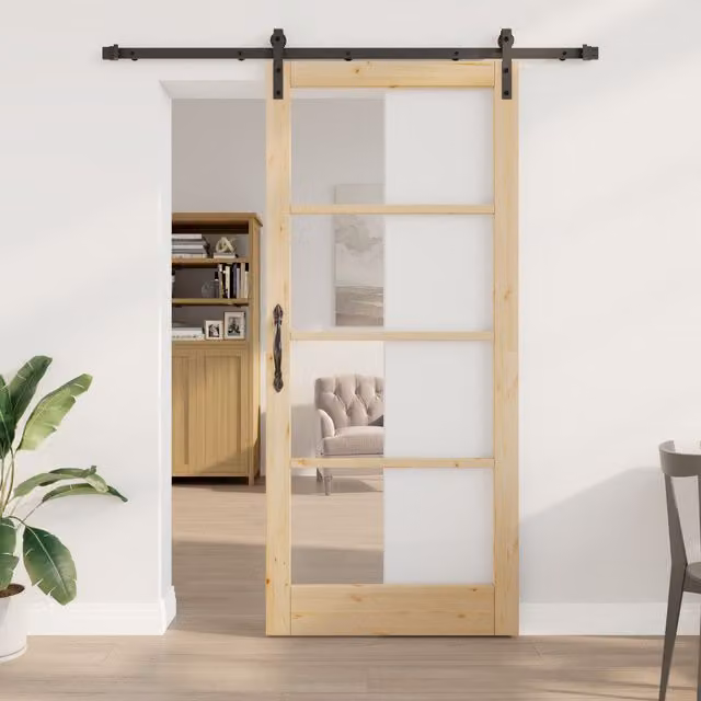 Berkfield Home Orkdal Minimalist Sliding Door with Hardware Set in Brown, Wood and Glass, H: 211 cm, W: 93 cm