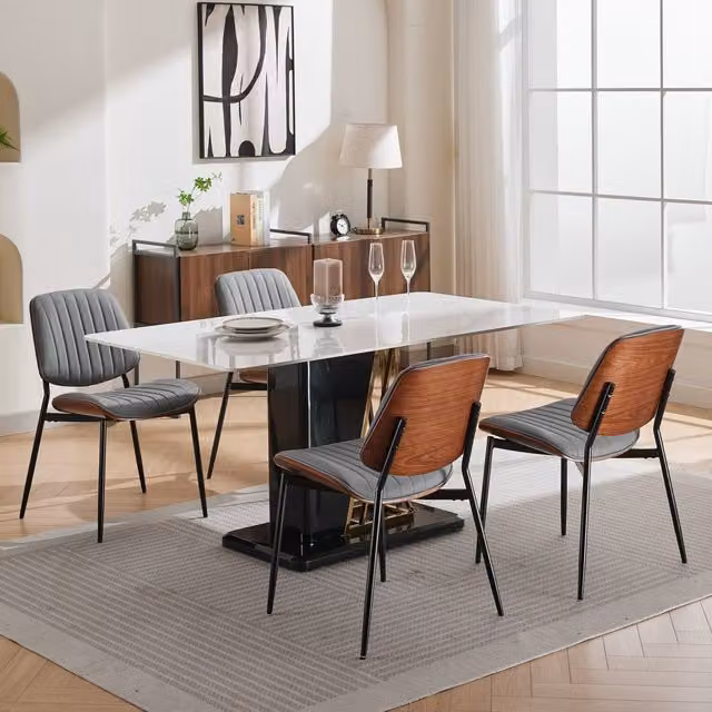 Modern Home Touch Set of 4 Mid-Century Modern Grey PU Faux Leather Dining Chairs with Walnut Wood and Metal Legs