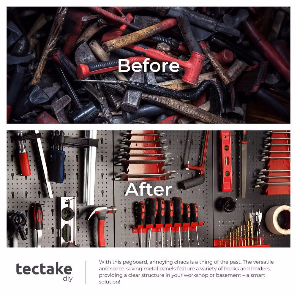 tectake Jonah Steel Tool Pegboard with Hooks and Holders, Multicolour, W/D/H: 120 x 120 x 120 cm – 5