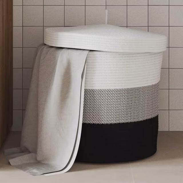 Berkfield Cotton Home Storage Basket with Lid in White and Black, W: 40 cm, H: 35 cm