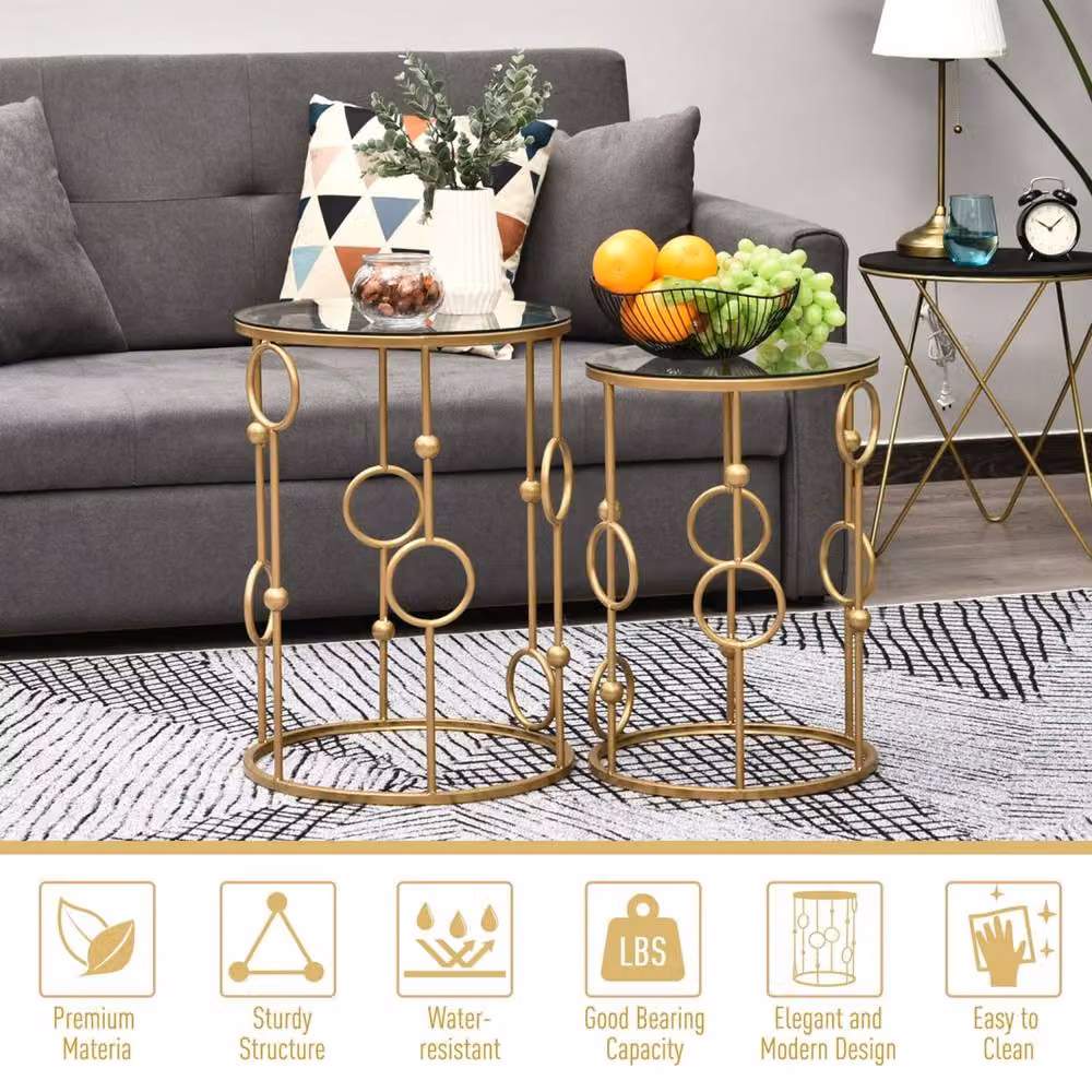 Wyld Haus Basu Gold Metal and Tempered Glass Round Nesting Tables Set of 2 – 3
