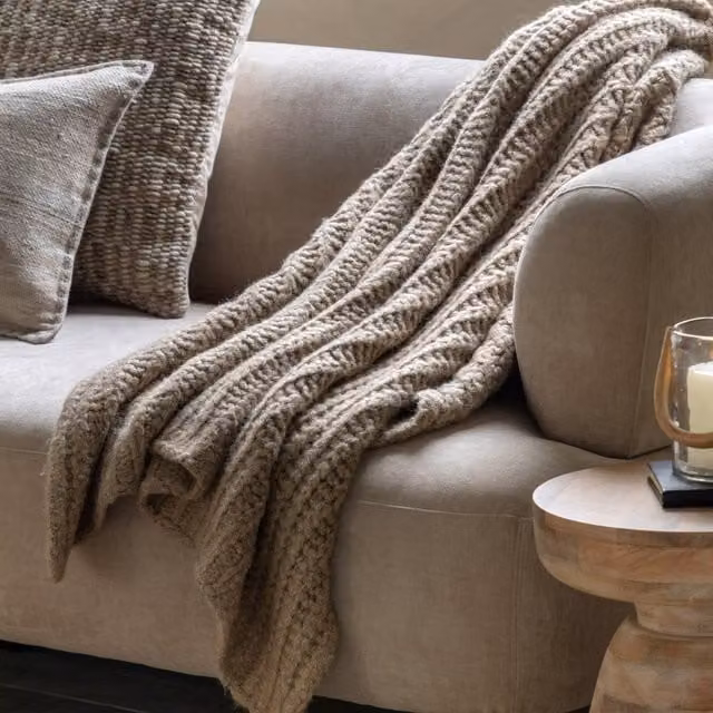 Terrys Knitted Wool Blend Throw in Beige and Brown, W: 130 cm, D: 170 cm
