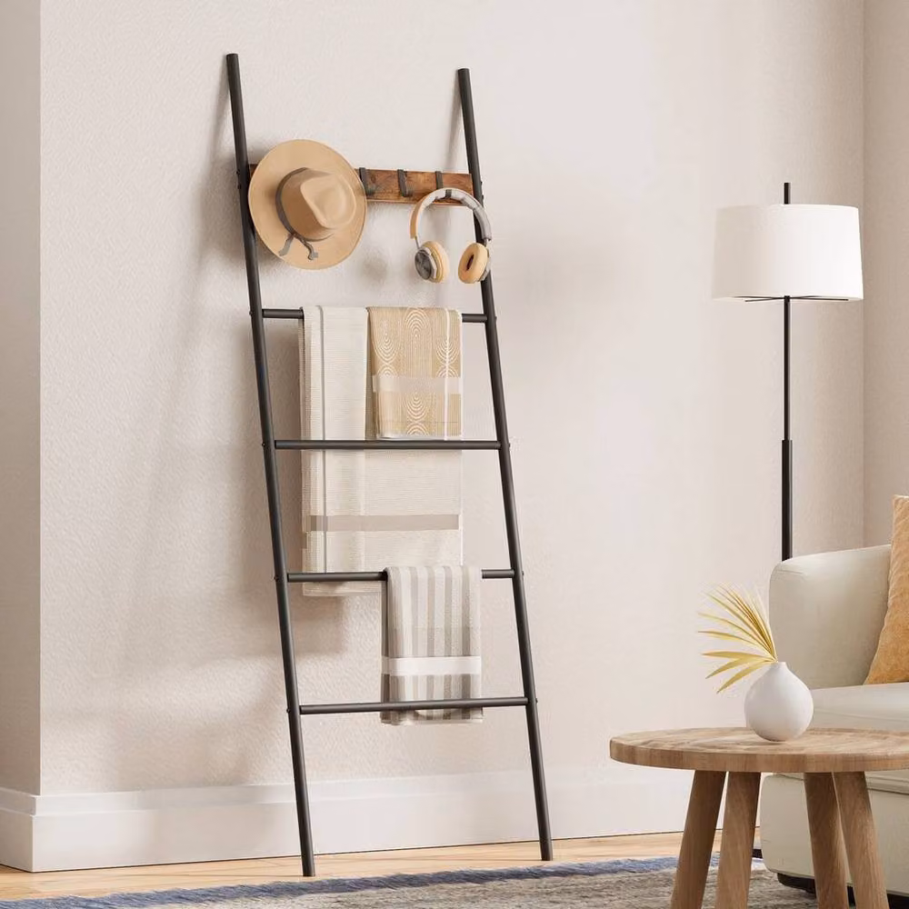 FLAVORA Black Metal Leaning Ladder Towel and Blanket Rack W/D/H: 177 x 60 x 60 cm – 2