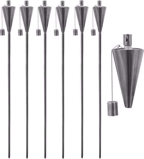 Harbour Housewares Metal Cone Garden Torches with Ground Spike, Silver, Pack of 6
