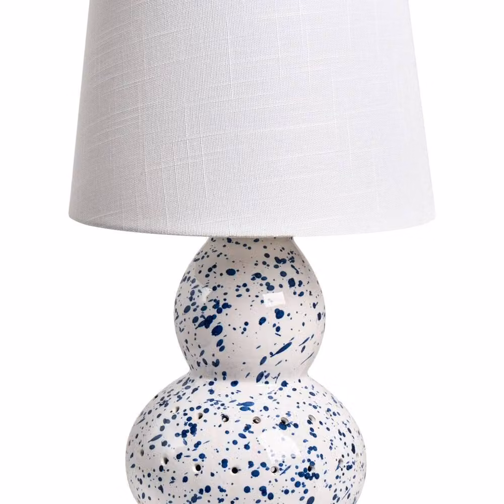 Wyld and Coco Modern White Ceramic Table Lamp with Blue Splatters and White Fabric Drum Shade – 2