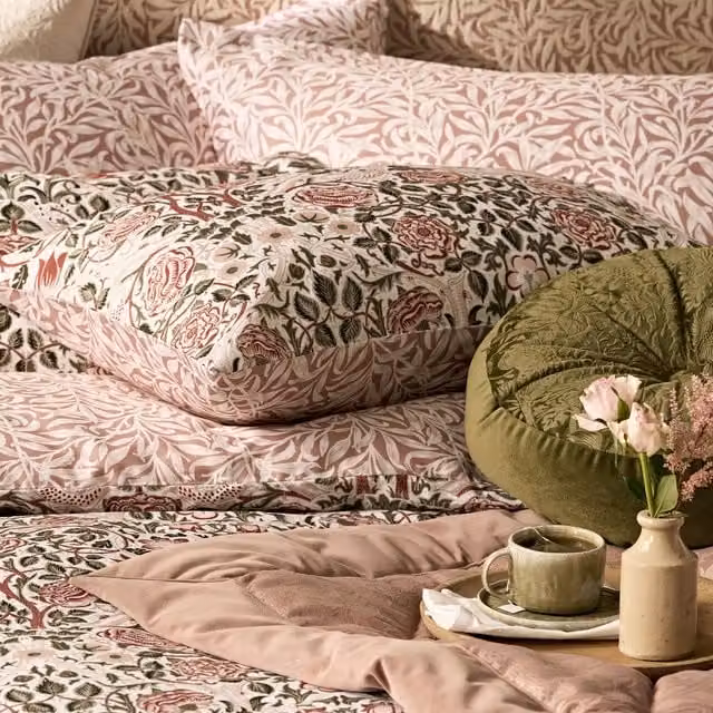 William Morris At Home Rose Brick Reversible Floral Cotton Pillowcase in Pink and Green