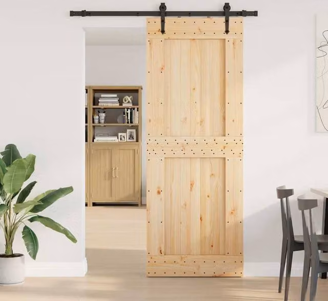 Berkfield Home Modern Sliding Door with Hardware Set in Beige Solid Wood, W: 85 cm, H: 210 cm – 1