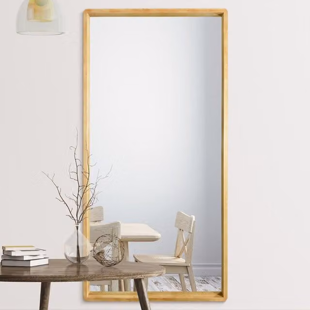 MirrorOutlet Scandinavian Solid Oak Rounded Corner Leaner Wall Mirror in Brown