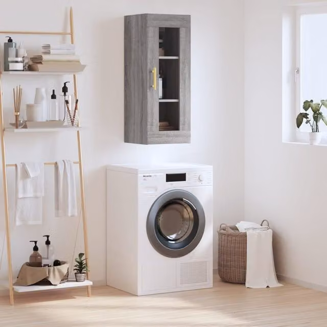 Berkfield Home Wall Mounted Cabinet in Grey Sonoma with Glass Doors, W/D/H: 34.5 x 34 x 90 cm