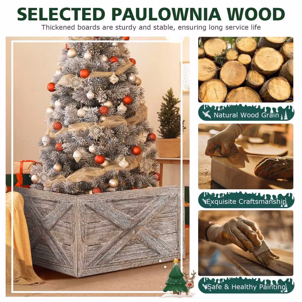 Gymax Vintage Solid Wood Christmas Tree Collar Box in Grey – 5