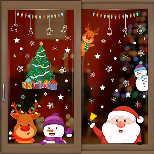 WALPLUS Christmas Window Stickers, 55 Piece Reusable Double-Sided Peeking Santa and Friends Decals for Glass Home Décor, Multicolour