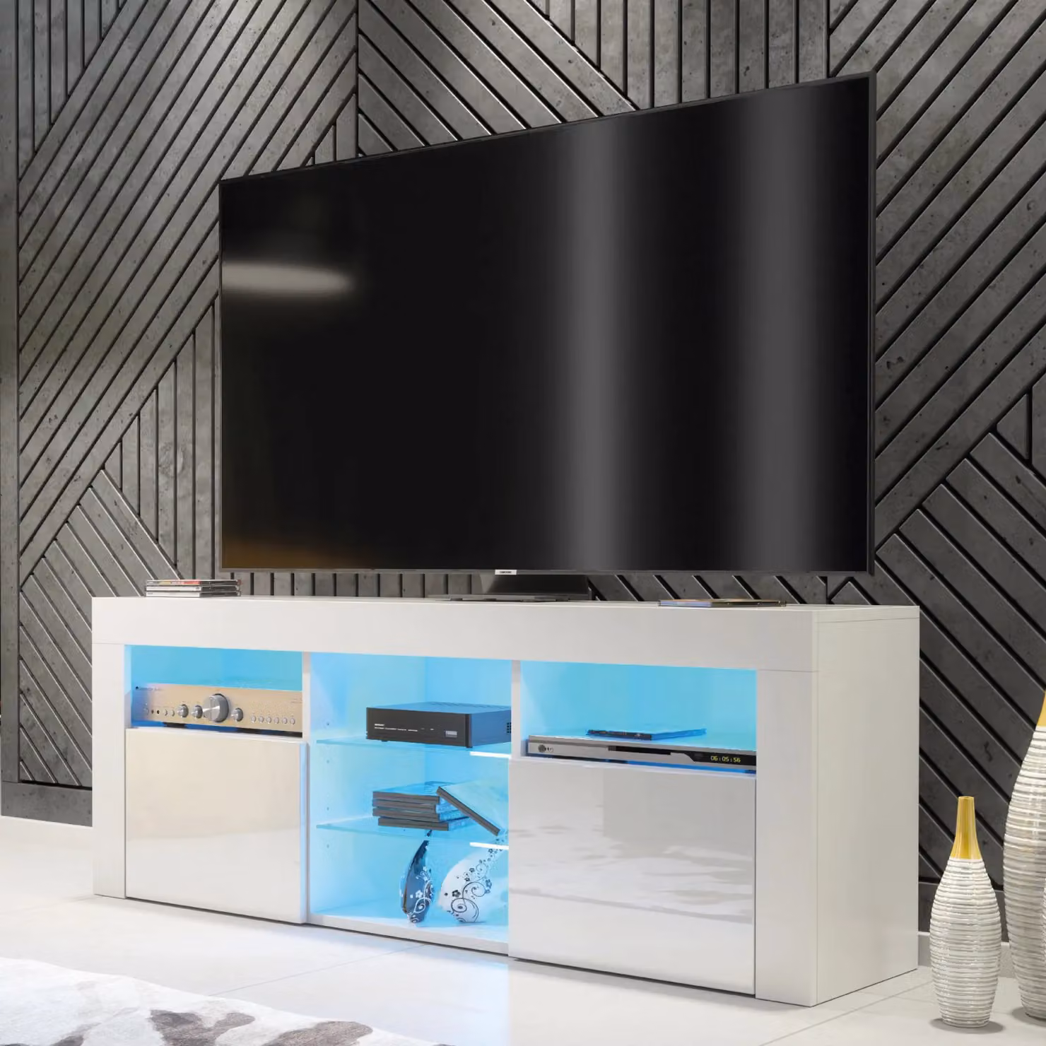 Mex Furniture LTD Modern White Gloss TV Unit with LED Lighting, W: 145 cm, H: 53 cm, D: 35 cm – 3