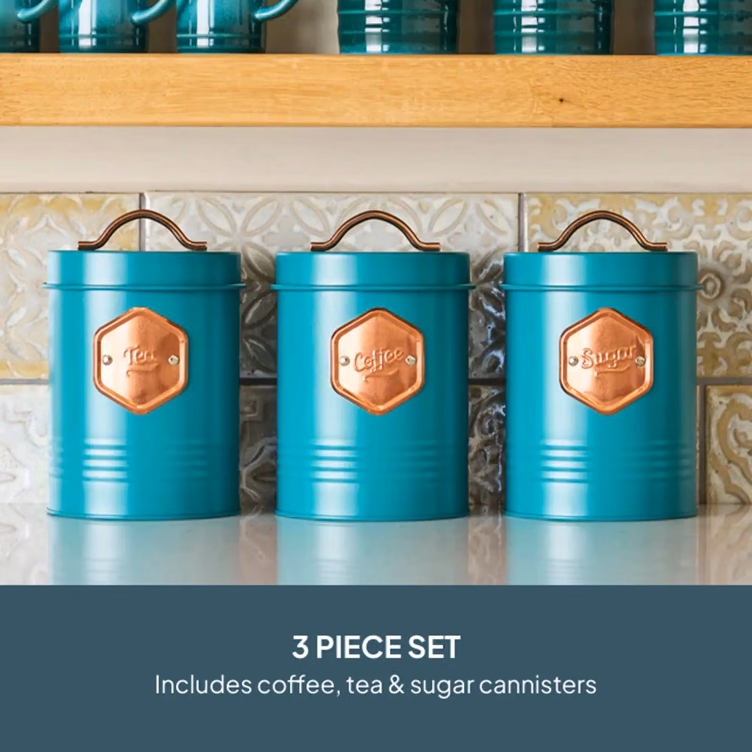 Cooks Professional 3-Piece Tea, Coffee and Sugar Canister Set in Petrol with Copper Labels and Airtight Lids – 4