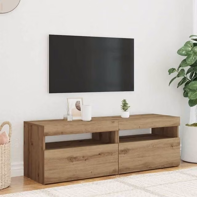 Berkfield Home Set of 2 Artisan Oak TV Cabinets with LED Lights in Light Tan – 1