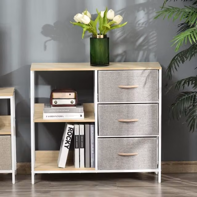 HOMCOM Minimalist Freestanding Storage Cabinet with 3 Drawers and 2 Shelves in White, Beige and Brown