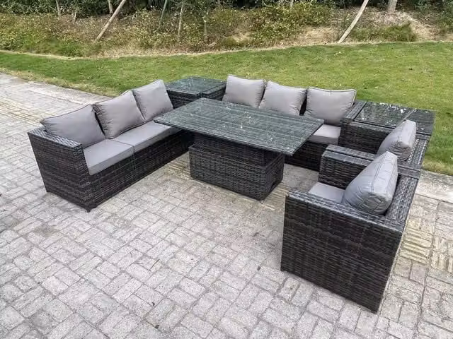 Fimous Dark Grey Wicker PE Rattan Garden Furniture Set with 2 Armchairs and Adjustable Rising Lifting Dining Table