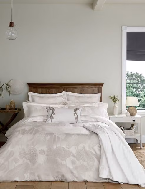 Sanderson Lotus Leaf Floral Cotton Rich Duvet Cover Ivory and Beige