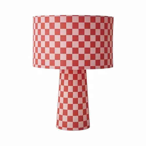 ValueLights Pritchard Pink and Red Checkerboard Drum Table Lamp with Fabric Shade and LED Bulb