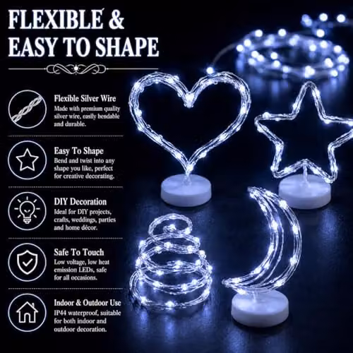 SHATCHI 2 Pack of 200 Cool White LED Fairy String Lights, 2 x 10m, Silver Wire, Battery Operated, Waterproof – 8