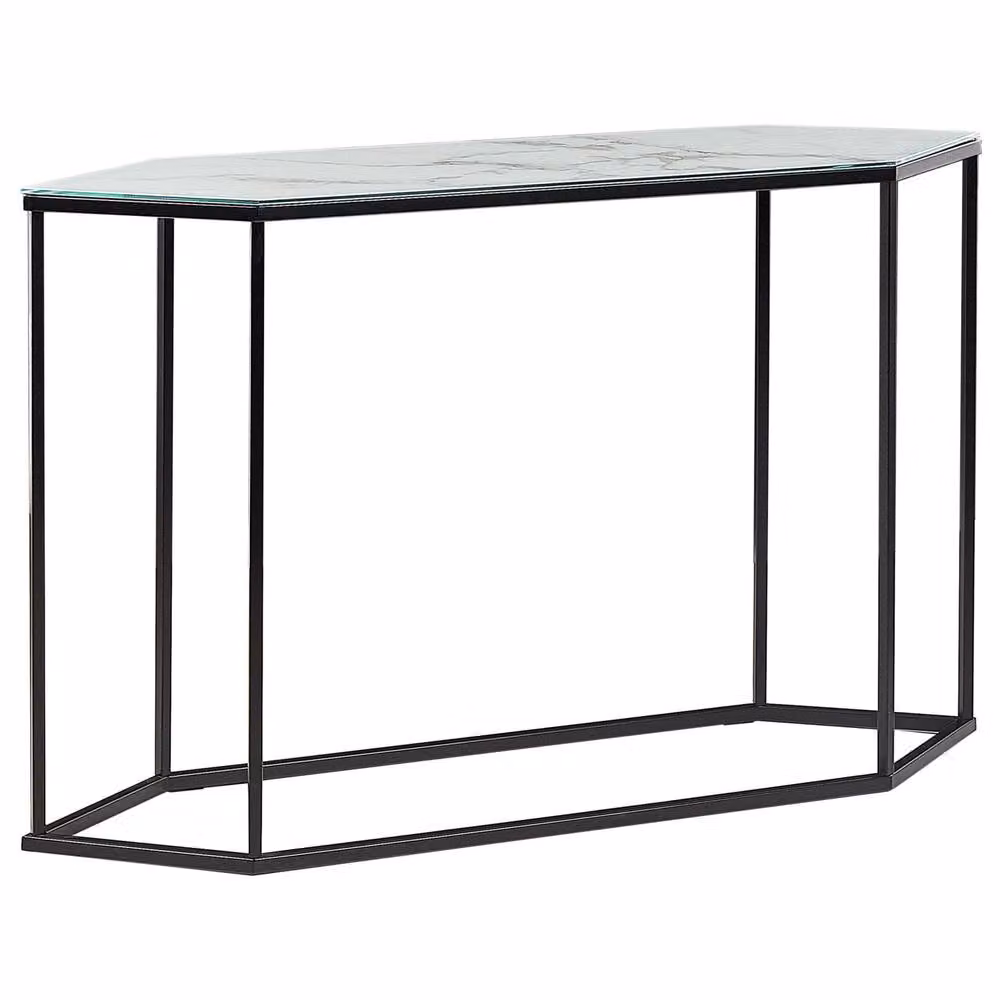 Wyld and Coco Modern Marble Effect Tempered Glass Console Table with Black Metal Frame, White and Black – 2