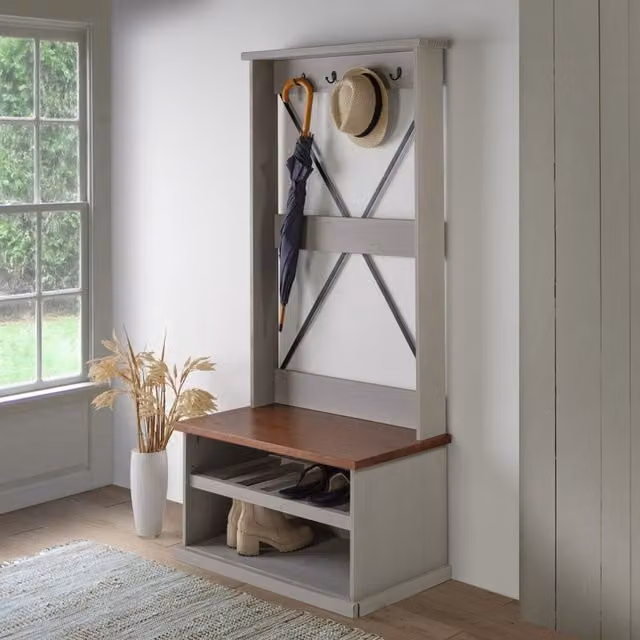 Mercers Furniture Cottage Hall Tree with Bench and Coat Hooks in Grey Pine Wood