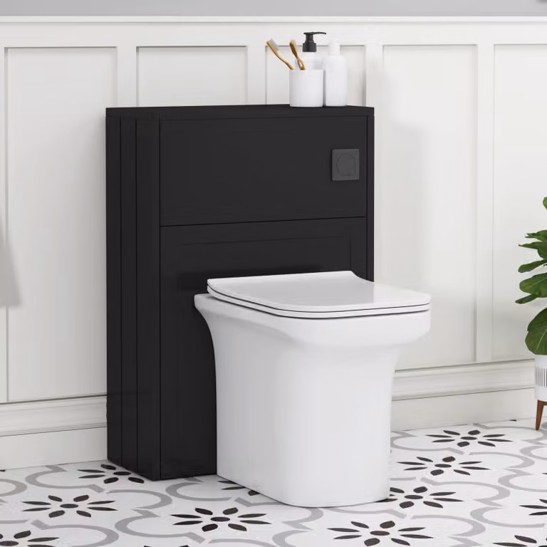 Royal Bathrooms Elmore Wall Mounted WC Unit in Matt Nocturne Black with Crosby Rimless Ceramic Toilet Pan, Seat and Cistern, Width: 55 cm