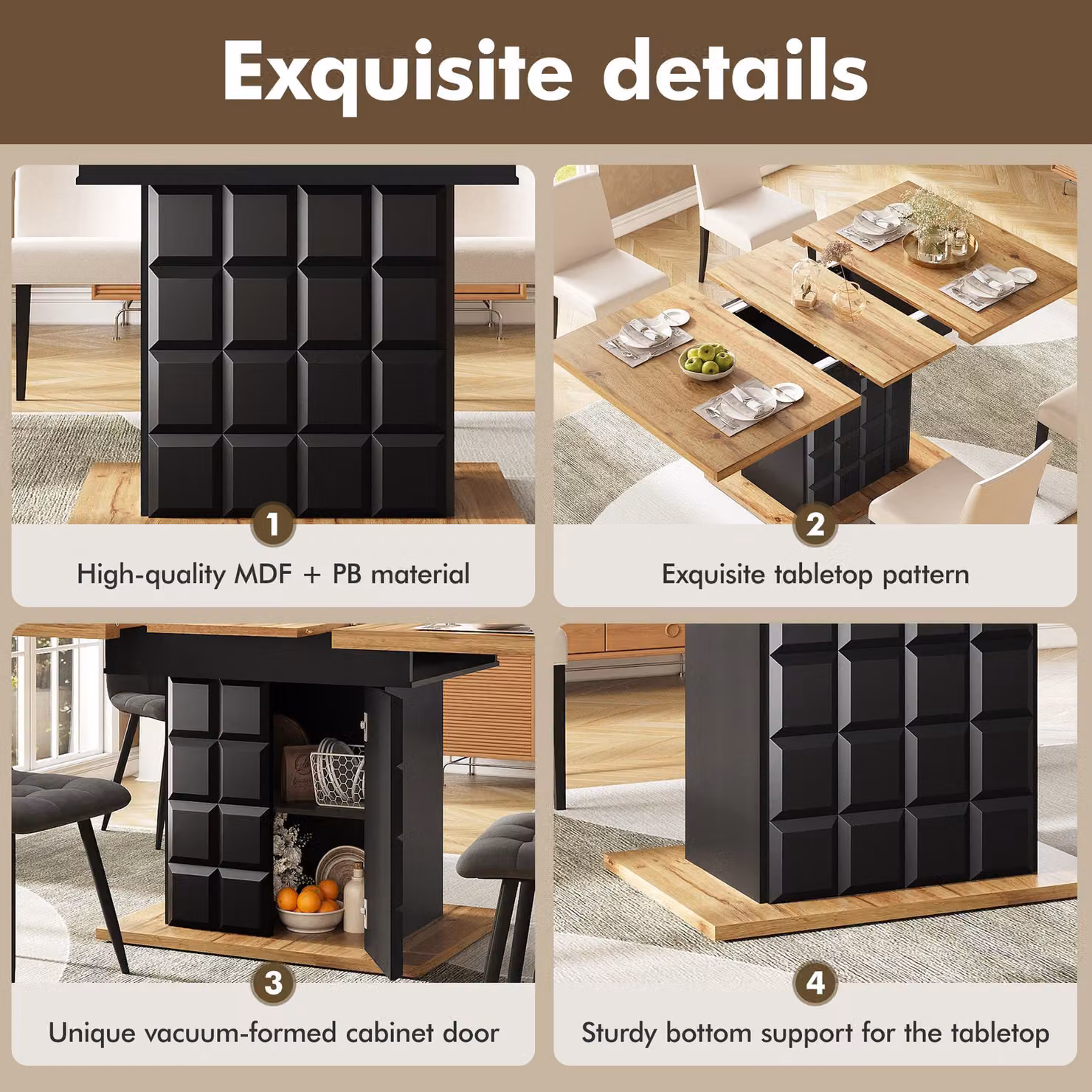 Aosom UK Telescopic Extendable Dining Table with Checked Pattern in Black and Natural, W/D/H: 80 x 80 x 75 cm (Extends to 140 cm Length) – 3